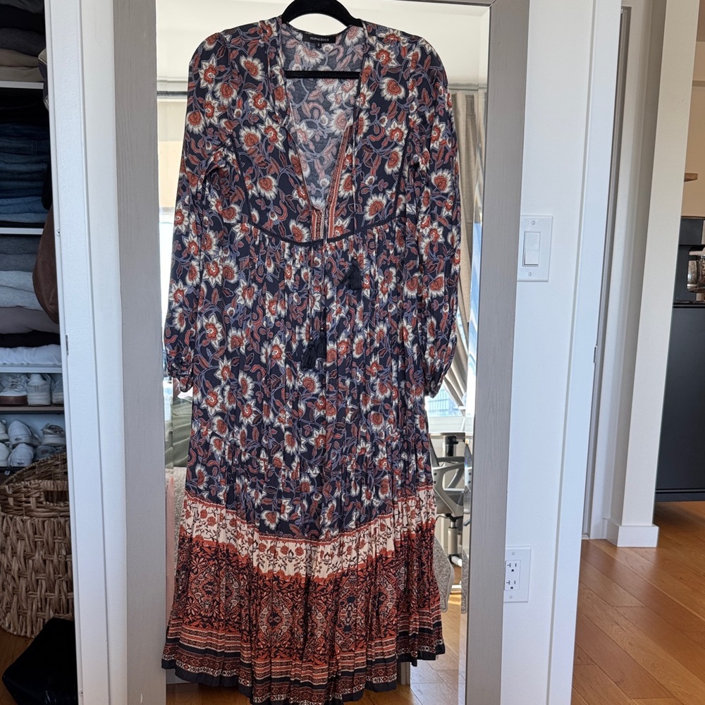 Olivaceous Navy and Orange Floral Long Sleeve Maxi (Flowy Fitting) Dress